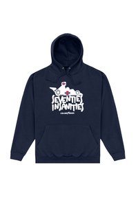 Felpa blu navy realizzata in tessuto morbido, con una stampa grafica bianca che presenta il testo "Seventies Insanities" e dettagli del logo. Include una tasca frontale.