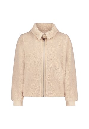 Beige Sherpa-Fleece-Jacke mit Stehkragen, Frontreißverschluss und gerippten Bündchen, entworfen für Wärme und lässigen Tragekomfort.