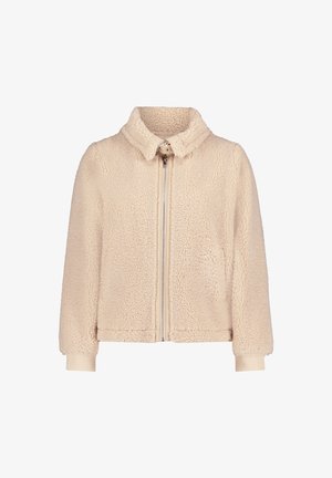 Beige sherpa fleece jakke med ståkrave, forængslynlås og ribbede manchetter, designet til varme og afslappet brug.