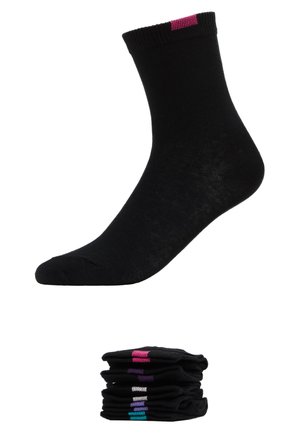 Calzini neri alla caviglia con bordo a costine, caratterizzati da accenti colorati in rosa, viola e turchese, impilati in un mucchio sotto un singolo calzino.