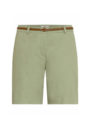 Hellgrüne knielange Shorts mit einem dünnen braunen Gürtel und Gürtelschlaufen, Reißverschluss vorne und einem klaren, maßgeschneiderten Design.
