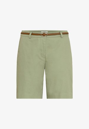Light green knee-length shorts with a thin brown belt and belt loops, front zipper, and a clean, tailored design.
