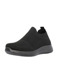 Schwarzer Slipper-Sportschuh mit einem strukturierten Strickobermaterial, runder Zehenpartie und flexibler Gummisohle. Mit einem Zugband an der Rückseite für ein einfaches Anziehen.