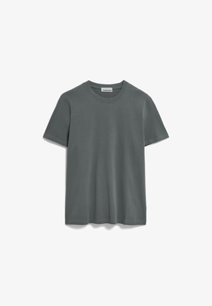 Graues Baumwoll-T-Shirt mit Rundhalsausschnitt und kurzen Ärmeln. Glatte Textur, lockere Passform und keine sichtbaren Muster oder Akzente.