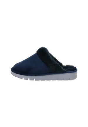 Pantofole blu navy con bordo peloso, materiale superiore morbido e suola in gomma grigia con scanalature per la trazione. Stile slip-on.