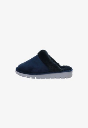 Chaussons bleu marine avec une bordure duveteuse, en matériau supérieur doux, et une semelle en caoutchouc grise présentant des rainures pour une meilleure adhérence. Modèle à enfiler.
