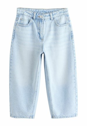 Hellblaue Jeans in Cropped-Länge mit geradem Bein, Fünf-Taschen-Design und Knopfverschluss. Verfügt über dezentes Ausbleichen und gestickte Details.