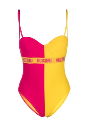 Costume intero con blocchi di colore rosso e giallo, spalline regolabili e fascia orizzontale con logo Moschino sul busto.