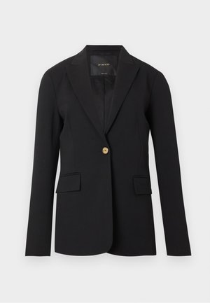 Black single-button blazer with notch lapels, two front flap pockets, and long sleeves, displayed against a white background.