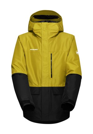 Veste jaune et noire avec capuche, dotée d'une poche poitrine zippée, de poignets Velcro et d'un détail de logo sur la manche. Matériau imperméable.