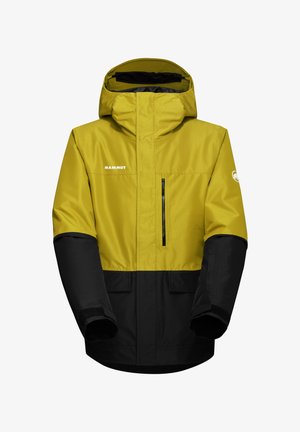 Gelb und schwarze Jacke mit Kapuze, ausgestattet mit einer Reißverschlusstasche auf der Brust, Klettverschlussmanschetten und Logodetail am Ärmel. Wasserabweisendes Material.