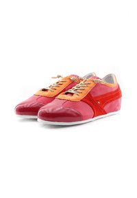 Red and orange sneaker with a mix of smooth and perforated material, lace-up design, rounded toe, and contrasting accents.