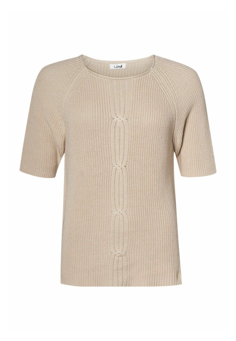Beige Kurzarmpullover aus strukturiertem Strickstoff, mit einem kreisförmigen Muster in der Mitte und einem Rundhalsausschnitt.