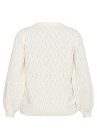 Witte gebreide trui met een textuurpatroon van diagonale lijnen en subtiele details. Lange, pofmouwen en een geribde zoom.