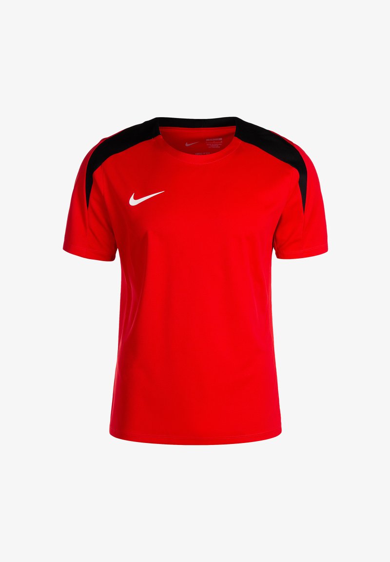Maglietta sportiva rossa realizzata in tessuto traspirante, con dettagli neri sulle spalle e un logo Nike bianco sul petto.