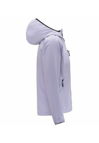 Giacca viola chiaro con cappuccio, caratterizzata da un motivo a griglia, cerniera frontale e dettagli neri lungo il cappuccio e i polsini.