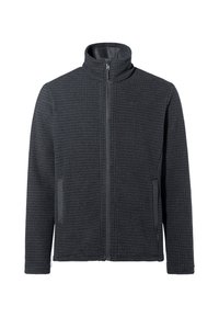 Giacca zip-up grigio scuro con un motivo trapuntato e testurizzato. Presenta un colletto alto e due tasche laterali con accenti di tessuto a contrasto.