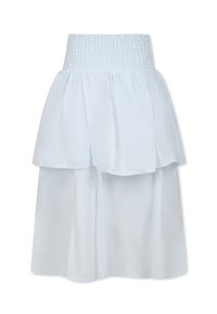 Gonna a balze azzurra chiara con vita arricciata, caratterizzata da un design fluido e una morbida texture del tessuto, che crea una silhouette a strati.