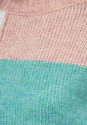 Pull en tricot avec des rayures horizontales en rose doux, blanc et vert menthe, avec un fil texturé et un col côtelé.