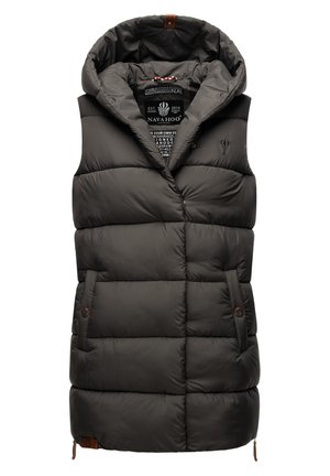 Gilet matelassé gris foncé avec capuche, présentant des coutures horizontales, deux poches latérales et une fermeture éclair en bas. Tissu texturé.
