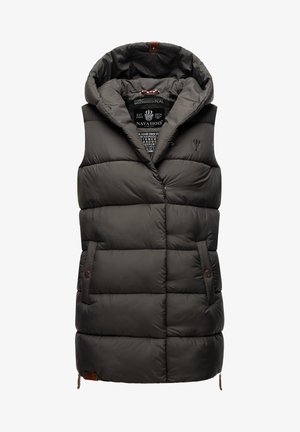 Dark gray padded vest with a hood, featuring horizontal stitching, two side pockets, and a zipper at the bottom. Textured fabric.