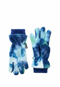 Gants en polaire avec un motif aquarelle bleu et vert, des poignets élastiques et un réglage pour un ajustement sécurisé. Matériau doux et texturé.