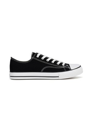 Zapatilla negra de lona baja con puntera de goma blanca, cordones blancos, suela blanca y costuras blancas a contraste vista de perfil sobre fondo blanco.