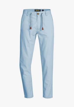 Lichtblauwe broek gemaakt van stof met een gladde textuur. Beschikt over een reguliere pasvorm, een elastische tailleband met decoratieve knopen en tan-accenten.