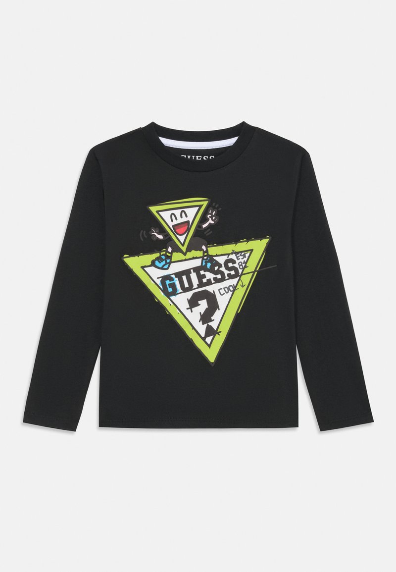 Schwarzes Langarm-T-Shirt mit einem lebendigen grünen und weißen Dreiecksgrafik, das ein Cartoon-Gesicht und Text zeigt. Aus weichem Baumwollstoff gefertigt.
