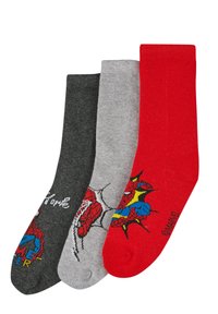 Tre paia di calzini: neri con design di ragno, grigi con logo di Spider-Man e rosso vivace. Combinazione di cotone, texture a coste, lunghezza fino al polpaccio.