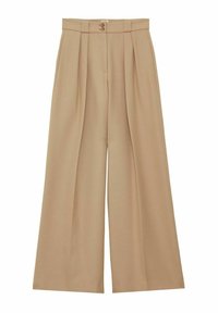 Pantalons larges beige avec plis à l'avant, taille haute et deux fermetures à bouton. Tissu lisse avec une finition sur mesure.