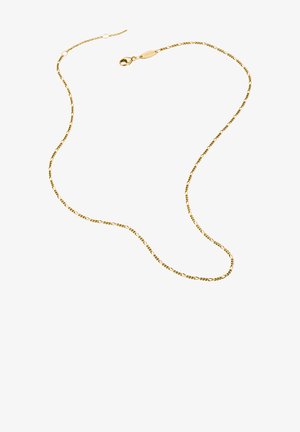 Feine Goldketten-Halskette mit miteinander verbundenen kleinen Gliedern und einem Karabinerverschluss auf weißem Hintergrund.