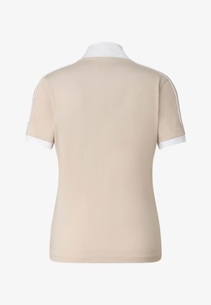 Beige short-sleeve polo shirt with white collar and sleeve cuffs, viewed from the back.
