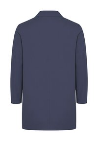 Cappotto blu mare con colletto classico, maniche lunghe e taglio diritto. Realizzato in tessuto liscio senza chiusure o motivi visibili.