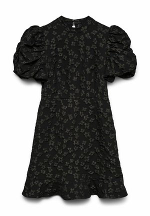Sort kjole med tekstureret blomsterprint, pufærmer, høj hals og flæsekant. Har lynlås bagpå.