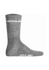 Graue Baumwollsocke mit geripptem Muster und einem weißen Logo "JACK & JONES" am Bund. Knöchellänge mit einer glatten Zehennaht.