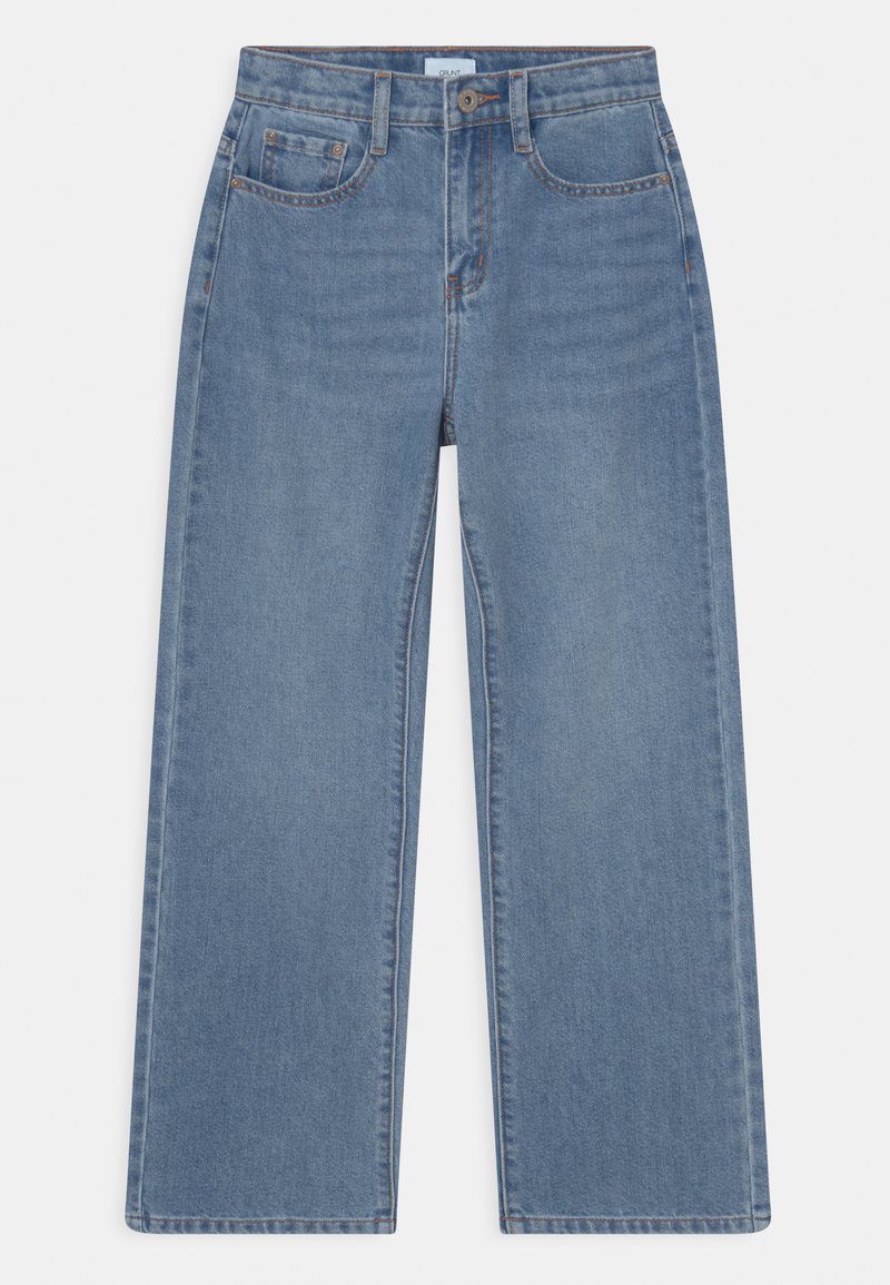 Lyseblå bredbenede jeans med et klassisk fem-lomme design, lavet af denim med en blød tekstur og subtilt slid. Har en knap- og lynlåslukning.
