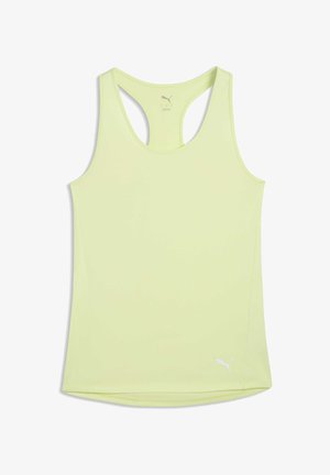 Jasnożółty sportowy top na ramiączkach z wycięciem na plecach typu racerback, wykonany z gładkiego, odprowadzającego wilgoć materiału, z małym białym logo na dole.