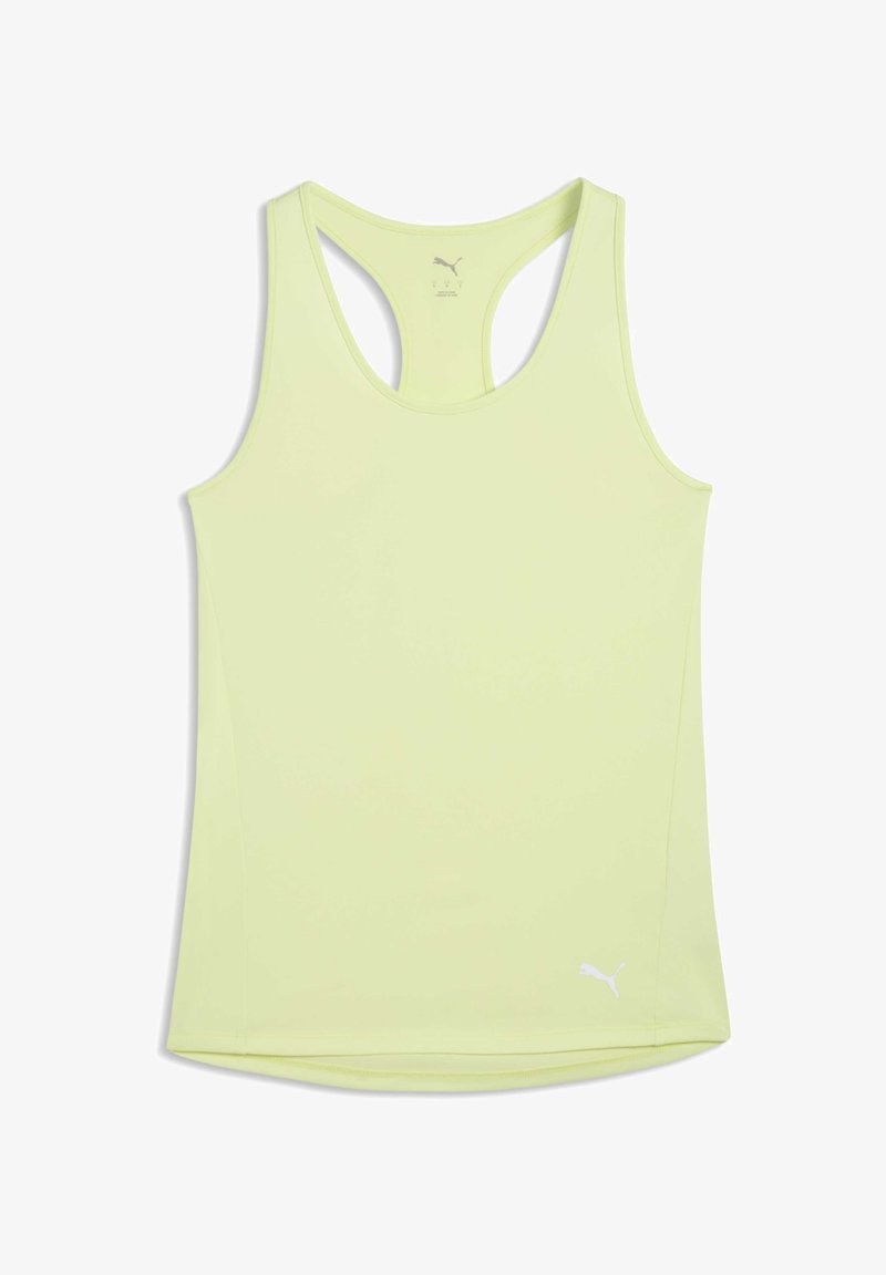 Débardeur de sport jaune clair avec un dos nageur, fabriqué en matériau lisse et évacuant l'humidité, avec un petit logo blanc en bas.