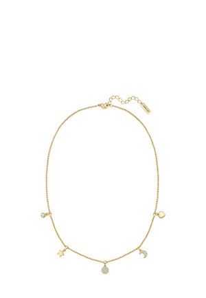 Collier en chaîne dorée avec des charms célestes : étoile, lune et orbite, dont un charm est orné de rhinestones pour plus de détail. Fermeture avec des maillons réglables.