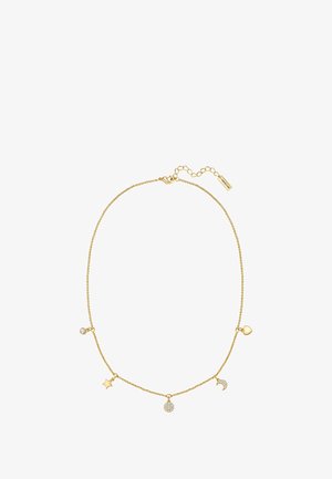 Collier en chaîne dorée avec des charms célestes : étoile, lune et orbite, dont un charm est orné de rhinestones pour plus de détail. Fermeture avec des maillons réglables.