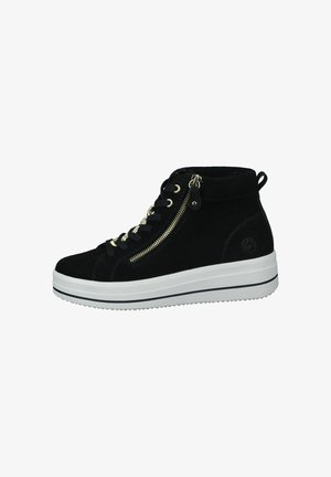 Schwarze Wildleder-Hochschnitt-Sneaker mit weißer Plateau-Sohle, ausgestattet mit goldenen Reißverschlüssen, schwarzen Schnürsenkeln und einer Schlaufe hinten für einfaches Anziehen.