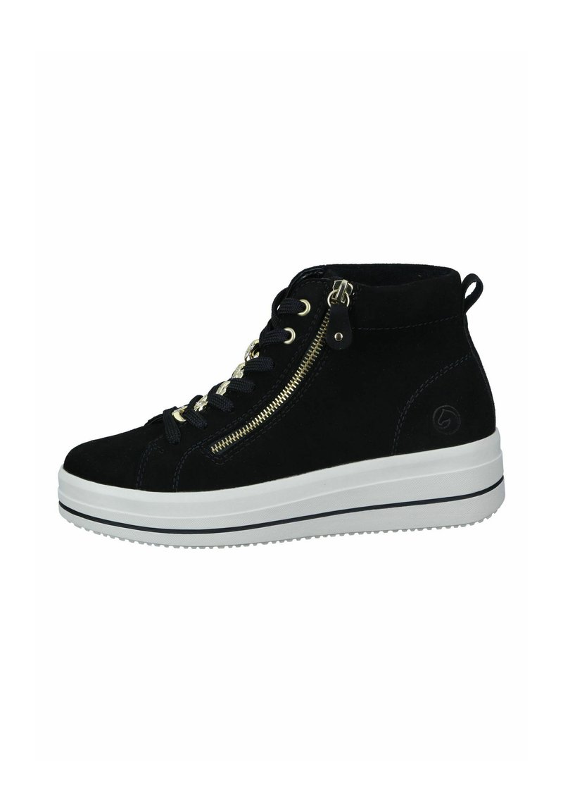 Zapatillas altas de ante negro con suela de plataforma blanca, que cuentan con cremalleras doradas, cordones negros y un lazo en la parte trasera para facilitar su uso.