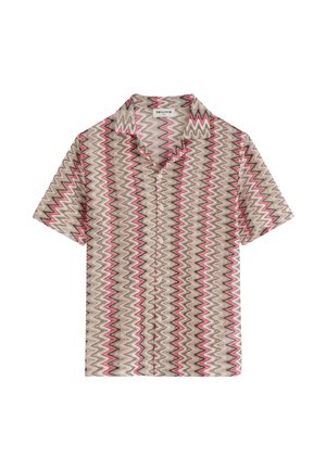 Chemise boutonnée à manches courtes avec motif en zigzag beige, marron, rose et blanc, avec col pointu.