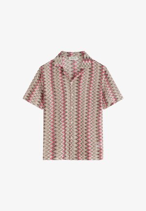 Chemise boutonnée à manches courtes avec motif en zigzag beige, marron, rose et blanc, avec col pointu.