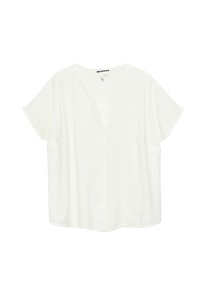 Loszittend wit shirt met korte mouwen, V-hals en zachte stof, weergegeven tegen een witte achtergrond.