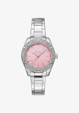Silberne Metall-Uhr mit pinkem Zifferblatt mit wiederholtem DKNY-Logo, kristallbesetzter Lünette sowie silbernen Stundenmarkierungen und Zeigern.