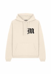 Felpa beige realizzata in morbido tessuto, con tasca frontale e cappuccio regolabile con cordini. Logo nero "M" stampato sul lato sinistro del petto.