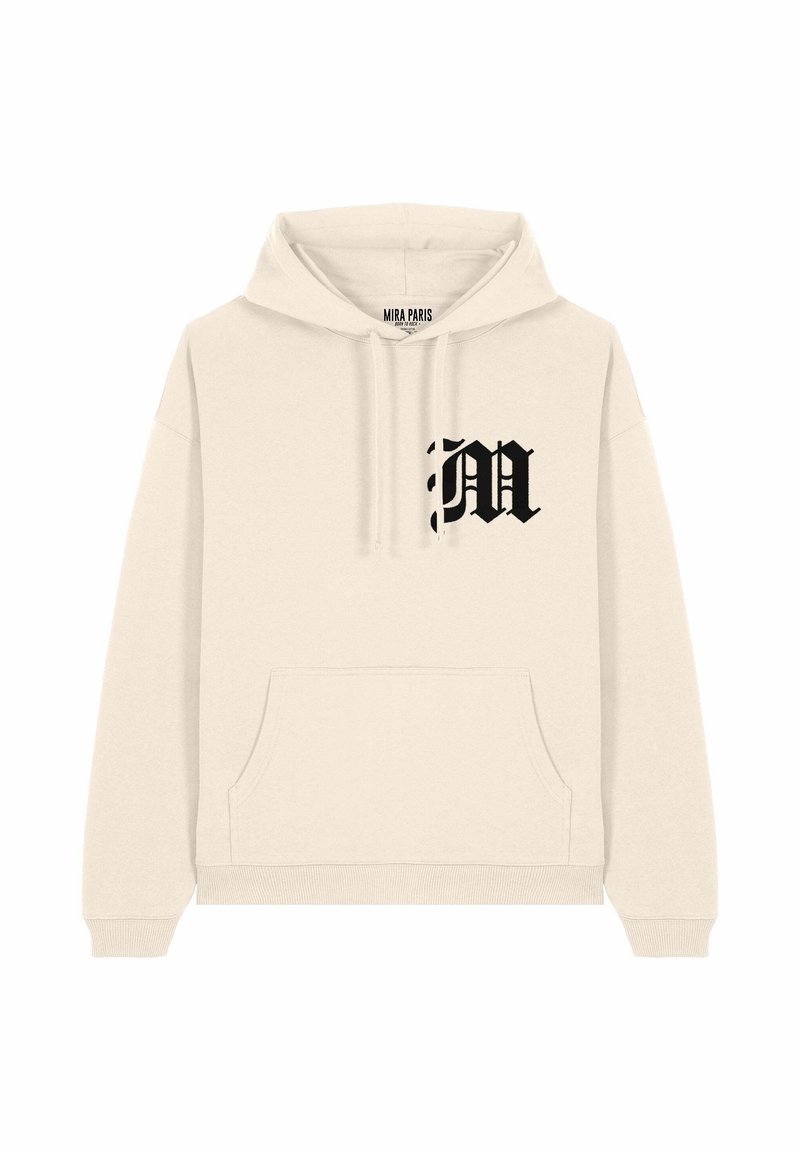 Felpa beige realizzata in morbido tessuto, con tasca frontale e cappuccio regolabile con cordini. Logo nero "M" stampato sul lato sinistro del petto.