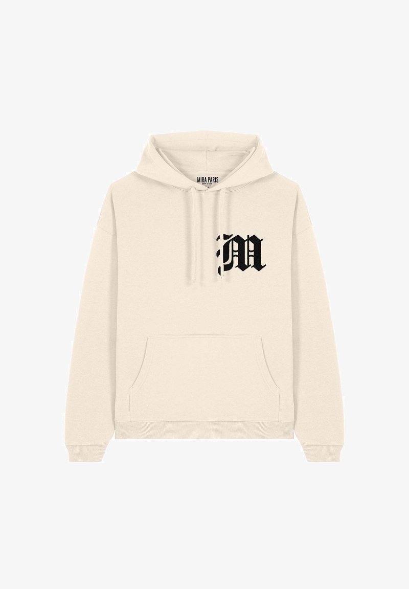 Hoodie beige en tissu doux, avec une poche frontale et une capuche à cordon. Logo "M" noir imprimé sur la poitrine gauche.